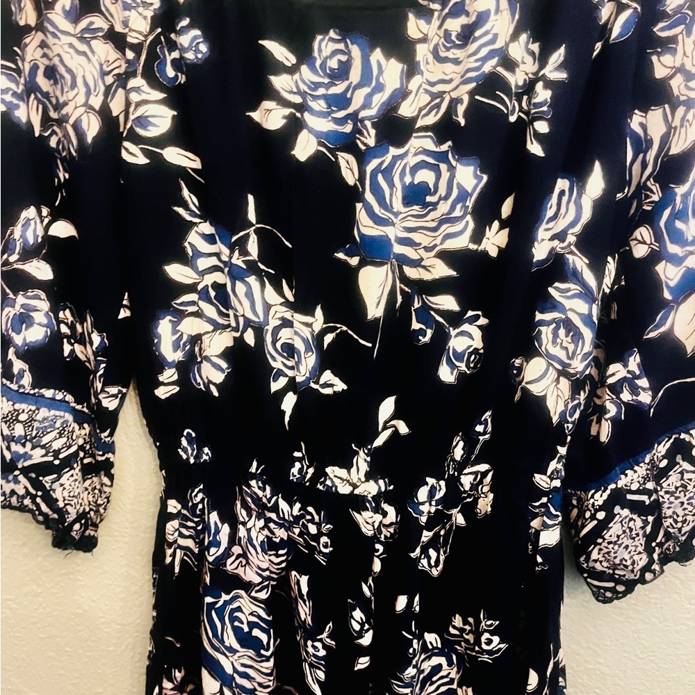 Angie Navy and White Floral Long sleeve shorts romper